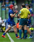 31 May 2025; Josh van der Flier of Leinster leaves the pitch to be substituted by teammate Scott Penny during the United Rugby Championship quarter-final match between Leinster and Scarlets at the Aviva Stadium in Dublin. Photo by Brendan Moran/Sportsfile