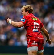 31 May 2025; Blair Murray of Scarlets celebrates after scoring his side's second try during the United Rugby Championship quarter-final match between Leinster and Scarlets at the Aviva Stadium in Dublin. Photo by Tyler Miller/Sportsfile
