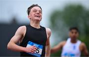 31 May 2025; Logan McKnight of Lagan College Belfast, Antrim, celebrates winning the Junior Boys 100m Sprint during the 123.ie All-Ireland Schools Track and Field Championships at Tullamore Harriers Athletics Club in Offaly. Photo by Shauna Clinton/Sportsfile