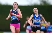 31 May 2025; Faye Mannion of Coláiste Muire, Clare, left, who finished first, and Freya Bateman of Mount Mercy Cork, who finished second, race to the finish line in the Inter Girls 800m during the 123.ie All-Ireland Schools Track and Field Championships at Tullamore Harriers Athletics Club in Offaly. Photo by Shauna Clinton/Sportsfile