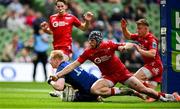 31 May 2025; Jamie Osborne of Leinster scores his side's third try during the United Rugby Championship quarter-final match between Leinster and Scarlets at the Aviva Stadium in Dublin. Photo by Seb Daly/Sportsfile