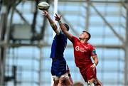 31 May 2025; James Ryan of Leinster wins a lineout from Taine Plumtree of Scarlets during the United Rugby Championship quarter-final match between Leinster and Scarlets at the Aviva Stadium in Dublin. Photo by Brendan Moran/Sportsfile