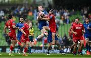31 May 2025; Jamie Osborne of Leinster in action against Tom Rogers of Scarlets during the United Rugby Championship quarter-final match between Leinster and Scarlets at the Aviva Stadium in Dublin. Photo by Brendan Moran/Sportsfile