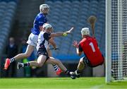 31 May 2025; Eamon Óg McAllister of Cavan has a shot on goal during the Lory Meagher Cup final match between Cavan and New York at Croke Park in Dublin. Photo by Stephen Marken/Sportsfile