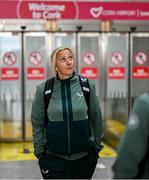 31 May 2025; Republic of Ireland head coach Carla Ward on the team's arrival at Cork International Airport ahead of their UEFA Women's Nations League match against Slovenia at Páirc Uí Chaoimh in Cork on Tuesday. Photo by Stephen McCarthy/Sportsfile