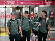 31 May 2025; Republic of Ireland players, from left, Jessie Stapleton, Megan Campbell and Erin Healy on the team's arrival at Cork International Airport ahead of their UEFA Women's Nations League match against Slovenia at Páirc Uí Chaoimh in Cork on Tuesday. Photo by Stephen McCarthy/Sportsfile