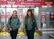 31 May 2025; Republic of Ireland's Katie McCabe, left, and Grace Moloney on the team's arrival at Cork International Airport ahead of their UEFA Women's Nations League match against Slovenia at Páirc Uí Chaoimh in Cork on Tuesday. Photo by Stephen McCarthy/Sportsfile