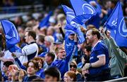 31 May 2025; A young Leinster supporter celebrates after his side score a try during the United Rugby Championship quarter-final match between Leinster and Scarlets at the Aviva Stadium in Dublin. Photo by Tyler Miller/Sportsfile