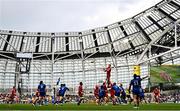 31 May 2025; Taine Plumtree of Scarlets wins possession in a line-out during the United Rugby Championship quarter-final match between Leinster and Scarlets at the Aviva Stadium in Dublin. Photo by Tyler Miller/Sportsfile