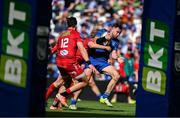 31 May 2025; Hugo Keenan of Leinster on the way to scoring his side's fourth try during the United Rugby Championship quarter-final match between Leinster and Scarlets at the Aviva Stadium in Dublin. Photo by Brendan Moran/Sportsfile