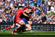 31 May 2025; Hugo Keenan of Leinster scores his side's fourth try during the United Rugby Championship quarter-final match between Leinster and Scarlets at the Aviva Stadium in Dublin. Photo by Brendan Moran/Sportsfile