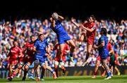 31 May 2025; James Lowe of Leinster in action against Ellis Mee of Scarlets during the United Rugby Championship quarter-final match between Leinster and Scarlets at the Aviva Stadium in Dublin. Photo by Tyler Miller/Sportsfile