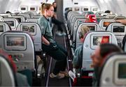 31 May 2025; Republic of Ireland's Aoife Mannion onboard the team's chartered flight to to Cork International Airport ahead of their UEFA Women's Nations League match against Slovenia at Páirc Uí Chaoimh in Cork on Tuesday. Photo by Stephen McCarthy/Sportsfile