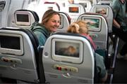 31 May 2025; Republic of Ireland's Kyra Carusa onboard the team's chartered flight to to Cork International Airport ahead of their UEFA Women's Nations League match against Slovenia at Páirc Uí Chaoimh in Cork on Tuesday. Photo by Stephen McCarthy/Sportsfile