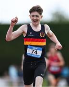 31 May 2025; Harry McKenzie of Enniskillen Royal GS, Fermanagh, celebrates winning the Inter Boys 3000m during the 123.ie All-Ireland Schools Track and Field Championships at Tullamore Harriers Athletics Club in Offaly. Photo by Shauna Clinton/Sportsfile