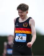 31 May 2025; Harry McKenzie of Enniskillen Royal GS, Fermanagh, celebrates winning the Inter Boys 3000m during the 123.ie All-Ireland Schools Track and Field Championships at Tullamore Harriers Athletics Club in Offaly. Photo by Shauna Clinton/Sportsfile