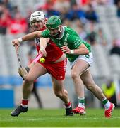31 May 2025; Enda Egan of London in action against Christy McNaughton of Derry during the Christy Ring Cup final match between Derry and London at Croke Park in Dublin. Photo by Stephen Marken/Sportsfile