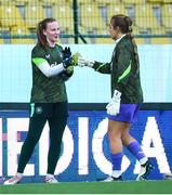 30 May 2025; Republic of Ireland goalkeeper Courtney Brosnan and Grace Moloney, right, before the UEFA Women's Nations League, League B match between Türkiye and Republic of Ireland at Esenler Stadium in Istanbul, Türkiye.  Photo by Stephen McCarthy/Sportsfile