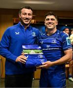 31 May 2025; Jimmy O'Brien of Leinster, right, is presented with a jersey to mark his 100th cap for Leinster by teammate Will Connors after the United Rugby Championship quarter-final match between Leinster and Scarlets at the Aviva Stadium in Dublin. Photo by Brendan Moran/Sportsfile
