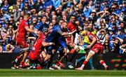 31 May 2025; RG Snyman of Leinster is tackled by Tom Rogers of Scarlets during the United Rugby Championship quarter-final match between Leinster and Scarlets at the Aviva Stadium in Dublin. Photo by Brendan Moran/Sportsfile