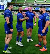 31 May 2025; Leinster players, from left, Hugo Keenan, Jamison Gibson-Park, Jack Boyle and Rabah Slimani of Leinster celebrate after the United Rugby Championship quarter-final match between Leinster and Scarlets at the Aviva Stadium in Dublin. Photo by Brendan Moran/Sportsfile