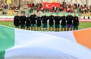 30 May 2025; Republic of Ireland players, from left, Abbie Larkin, Lucy Quinn, Marissa Sheva, Anna Patten, Denise O’Sullivan, Amber Barrett, Megan Connolly, Aoife Mannion, Jessie Stapleton, goalkeeper Courtney Brosnan and captian Katie McCabe stand for the playing of the National Anthem before the UEFA Women's Nations League, League B match between Türkiye and Republic of Ireland at Esenler Stadium in Istanbul, Türkiye. Photo by Stephen McCarthy/Sportsfile
