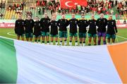 30 May 2025; Republic of Ireland players, from left, Abbie Larkin, Lucy Quinn, Marissa Sheva, Anna Patten, Denise O’Sullivan, Amber Barrett, Megan Connolly, Aoife Mannion, Jessie Stapleton, goalkeeper Courtney Brosnan and captian Katie McCabe stand for the playing of the National Anthem before the UEFA Women's Nations League, League B match between Türkiye and Republic of Ireland at Esenler Stadium in Istanbul, Türkiye. Photo by Stephen McCarthy/Sportsfile
