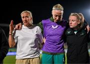 30 May 2025; Republic of Ireland head coach Carla Ward with Louise Quinn and performance coach Holly Pickett, right, after the UEFA Women's Nations League, League B match between Türkiye and Republic of Ireland at Esenler Stadium in Istanbul, Türkiye. Photo by Stephen McCarthy/Sportsfile