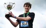 31 May 2025; Theo Quinn of Belvedere College, Dublin, celebrates after winning the Senior Boys High Jump during the 123.ie All-Ireland Schools Track and Field Championships at Tullamore Harriers Athletics Club in Offaly. Photo by Shauna Clinton/Sportsfile