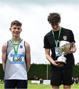 31 May 2025; Theo Quinn of Belvedere College, Dublin, right, who finished first in the Senior Boys High Jump, and Darragh Kelly of Clarin College Athenry, Galway, left, who finished second, during the 123.ie All-Ireland Schools Track and Field Championships at Tullamore Harriers Athletics Club in Offaly. Photo by Shauna Clinton/Sportsfile