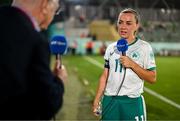 30 May 2025; Katie McCabe of Republic of Ireland speaks to RTÉ after the UEFA Women's Nations League, League B match between Türkiye and Republic of Ireland at Esenler Stadium in Istanbul, Türkiye. Photo by Stephen McCarthy/Sportsfile