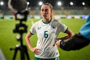 30 May 2025; Megan Connolly of Republic of Ireland speaks to media after the UEFA Women's Nations League, League B match between Türkiye and Republic of Ireland at Esenler Stadium in Istanbul, Türkiye. Photo by Stephen McCarthy/Sportsfile