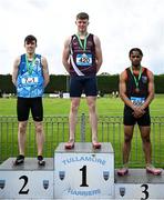 31 May 2025; Joe Burke of Our Ladys Templemore, Tipperary, centre, who finished first in the Senior Boys 200m Sprint, alongside Donal Martin of St Michaels Dublin, left, who finished second, and Lemar Gabriel Lucciano of Coláiste Muire Mathair Galway, who finished third, during the 123.ie All-Ireland Schools Track and Field Championships at Tullamore Harriers Athletics Club in Offaly. Photo by Shauna Clinton/Sportsfile