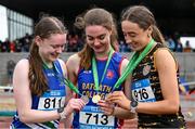 31 May 2025; Katie Doherty of Ratoath College, Meath, centre, who finished first in the Senior Girls 200m Sprint, alongside Danielle Moynihan of Holy Rosary College Mountbellew, right, who finished second, and Alisha May Maher of Tullamore College, Offaly, who finished third, during the 123.ie All-Ireland Schools Track and Field Championships at Tullamore Harriers Athletics Club in Offaly. Photo by Shauna Clinton/Sportsfile