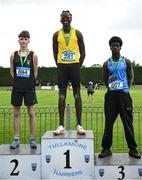 31 May 2025; Ryan Onoh of Ashton, Cork, centre, who finished first in the Inter Boys Long Jump, alongside J P Archibold of Patrician SS Newbridge, Kildare, left, who finished second, and Joseph Magbageola of Coláiste na Mí Navan, Meath, who finished third, during the 123.ie All-Ireland Schools Track and Field Championships at Tullamore Harriers Athletics Club in Offaly. Photo by Shauna Clinton/Sportsfile