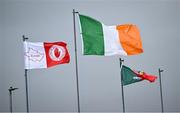 31 May 2025; The flags of Tyrone GAA, the Irish Tricolour and the Tyrone GAA flag before the GAA Football All-Ireland Senior Championship Round 2 match between Tyrone and Mayo at O'Neills Healy Park in Omagh, Tyrone. Photo by Piaras Ó Mídheach/Sportsfile