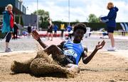 31 May 2025; Joseph Magbageola of Coláiste na Mí Navan, Meath, competes in the Inter Boys Long Jump during the 123.ie All-Ireland Schools Track and Field Championships at Tullamore Harriers Athletics Club in Offaly. Photo by Shauna Clinton/Sportsfile