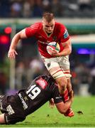 31 May 2025; Gavin Coombes of Munster is tackled by Emile van Heerden of Hollywoodbets Sharks during the United Rugby Championship quarter-final match between Hollywoodbets Sharks and Munster at Kings Park Stadium in Durban, South Africa. Photo by Shaun Roy/Sportsfile