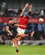31 May 2025; Munster captain Tadhg Beirne attempts to charge down Jaden Hendrikse of Hollywoodbets Sharks clearance kick during the United Rugby Championship quarter-final match between Hollywoodbets Sharks and Munster at Kings Park Stadium in Durban, South Africa. Photo by Shaun Roy/Sportsfile