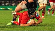 31 May 2025; Josh Wycherley of Munster dives over to score Munster’s second try during the United Rugby Championship quarter-final match between Hollywoodbets Sharks and Munster at Kings Park Stadium in Durban, South Africa. Photo by Shaun Roy/Sportsfile