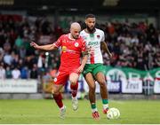 30 May 2025; Mark Coyle of Shelbourne in action against Djenairo Daniels of Cork City during the SSE Airtricity Men's Premier Division match between Cork City and Shelbourne at Turner's Cross in Cork. Photo by Michael P Ryan/Sportsfile