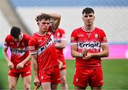 31 May 2025; Cahal Murray, left, and James Friel of Derry after their side's defeat in the Christy Ring Cup final match between Derry and London at Croke Park in Dublin. Photo by Stephen Marken/Sportsfile