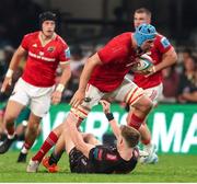 31 May 2025; Munster captain Tadhg Beirne gets past Ethan Hooker of Hollywoodbets Sharks during the United Rugby Championship quarter-final match between Hollywoodbets Sharks and Munster at Kings Park Stadium in Durban, South Africa. Photo by Shaun Roy/Sportsfile