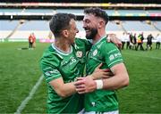 31 May 2025; Donal Reale, left, and Enda Egan of London celebrate after their side's victory in the Christy Ring Cup final match between Derry and London at Croke Park in Dublin. Photo by Stephen Marken/Sportsfile