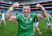 31 May 2025; Dylan Dawson of London celebrates after his side's victory in the Christy Ring Cup final match between Derry and London at Croke Park in Dublin. Photo by Stephen Marken/Sportsfile