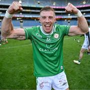 31 May 2025; Dylan Dawson of London celebrates after his side's victory in the Christy Ring Cup final match between Derry and London at Croke Park in Dublin. Photo by Stephen Marken/Sportsfile