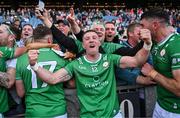 31 May 2025; Dylan Dawson of London celebrates with supporters after his side's victory in the Christy Ring Cup final match between Derry and London at Croke Park in Dublin. Photo by Stephen Marken/Sportsfile