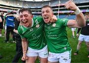 31 May 2025; Jack Morrissey, left, and Dylan Dawson of London celebrate after their side's victory in the Christy Ring Cup final match between Derry and London at Croke Park in Dublin. Photo by Stephen Marken/Sportsfile