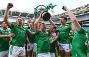 31 May 2025; Sean Glynn of London celebrates with the Christy Ring Cup after his side's victory in the Christy Ring Cup final match between Derry and London at Croke Park in Dublin. Photo by Stephen Marken/Sportsfile