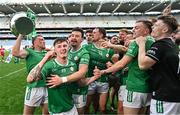 31 May 2025; London players, including David Devine, 15, celebrate after their side's victory in the Christy Ring Cup final match between Derry and London at Croke Park in Dublin. Photo by Stephen Marken/Sportsfile